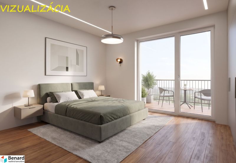 Bedroom in a 2-room apartment, wooden decor flooring, balcony with a view.