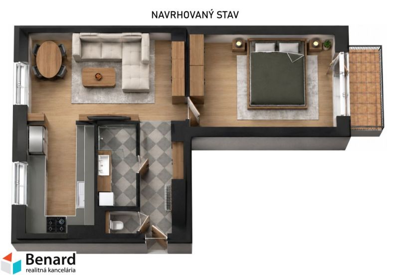 Floor plan of a 2-room apartment with a living room and a floor with a wooden decor.
