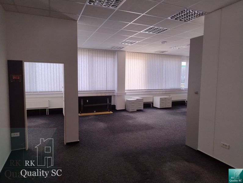 Straight lines, carpet, and white walls create the office space.