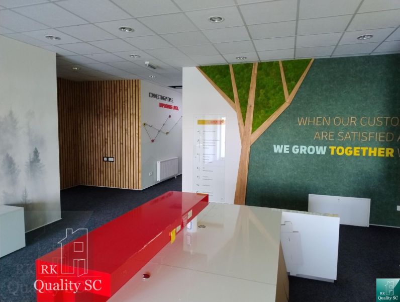 Offices with interesting walls, decorated with graphics and wooden decor on the wall.