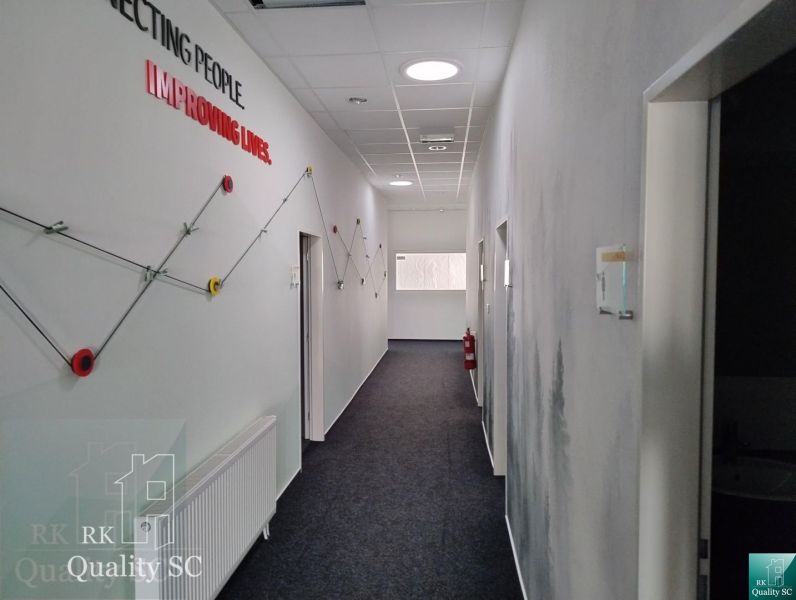 Office corridors with abstract wall decor and carpeted flooring.