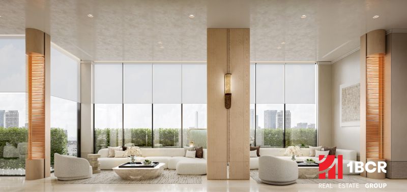 Interior with light furniture, large windows, and a wooden decor floor. Apartment construction.