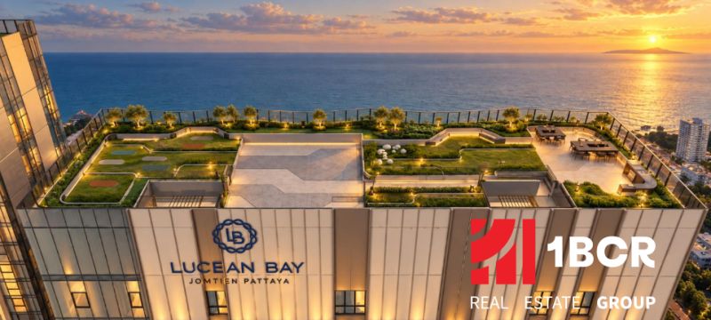 Apartment construction in Pattaya with a rooftop park and sea view.