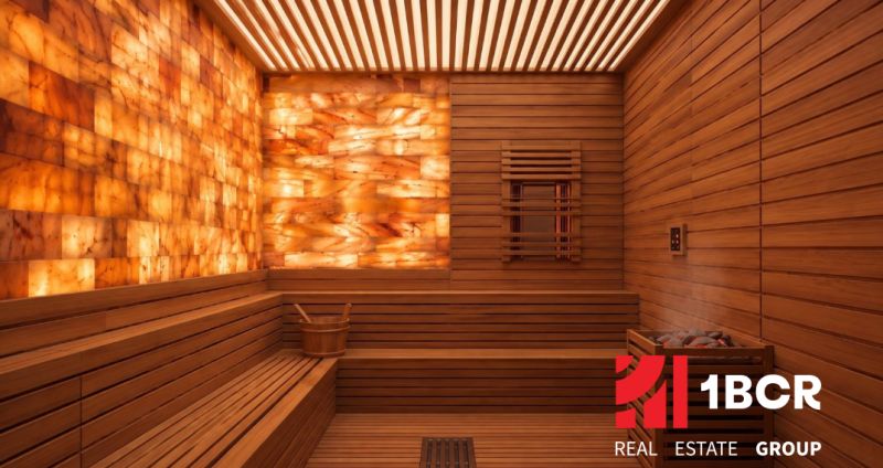 Wooden sauna with backlit salt panels, Apartment construction.