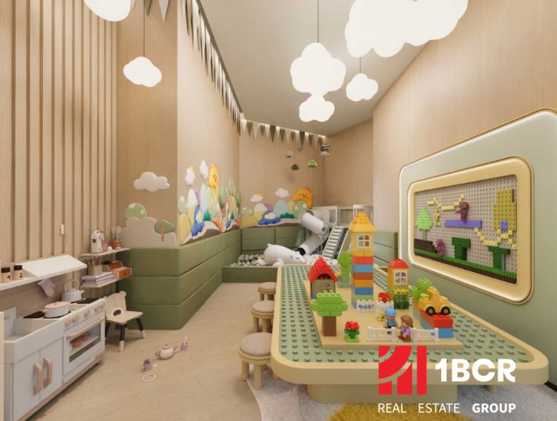 Children's playroom with toys and decorative walls as part of apartment construction.