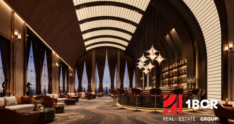 Stylish lounge area with high ceilings and curtains, Apartment construction.