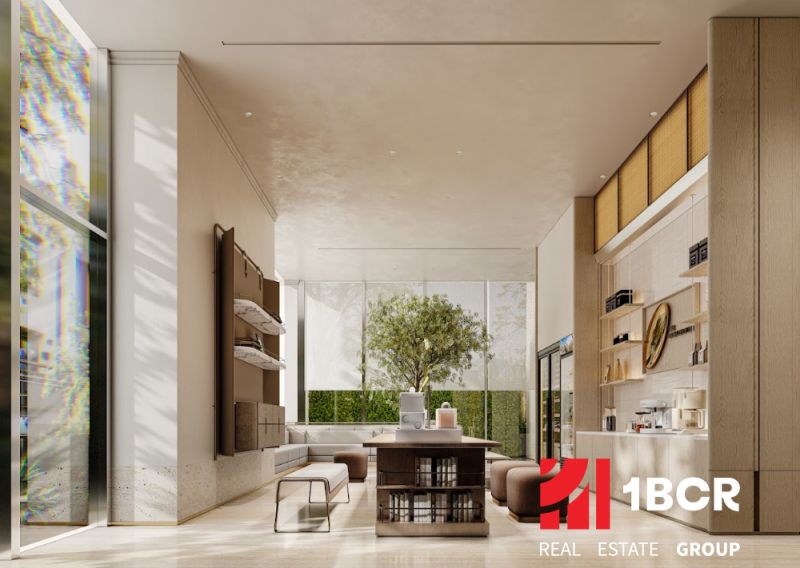 The construction of apartments features a bright interior with furniture and shelves, and a floor with a wooden decor.