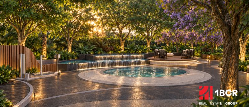 Luxury exterior with a pool and greenery, ideal for apartment development in the city of Pattaya.