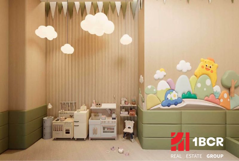 Children's room with wood-patterned flooring and toys, apartment construction.