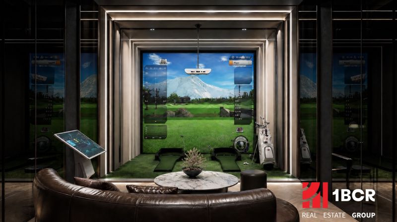 Indoor golf simulator with a comfortable sofa and electronic controls, Apartment construction.