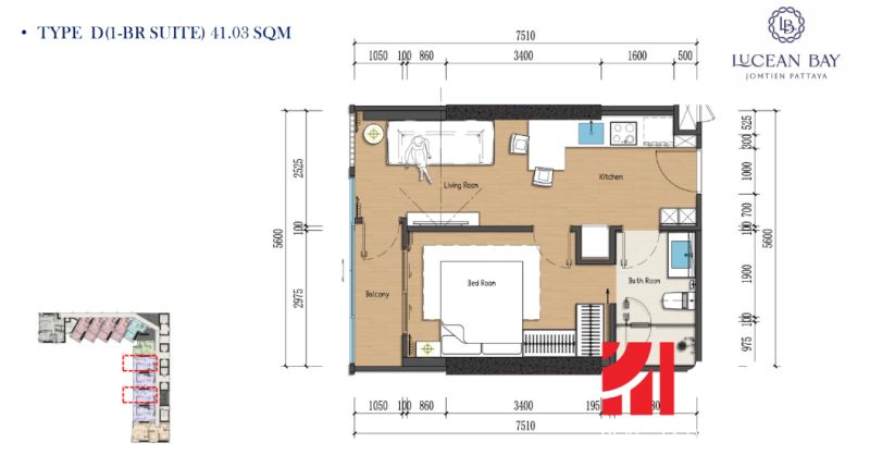 Floor plan of a 2-room apartment with wood-patterned flooring and a balcony.