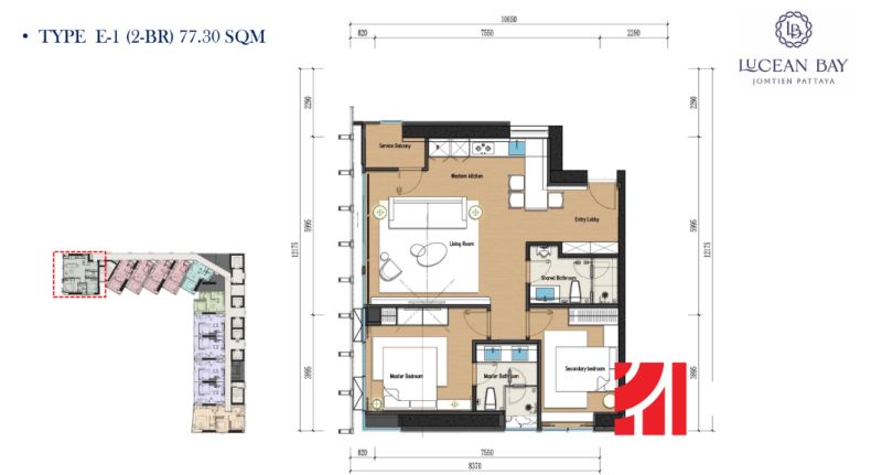 Floor plan of a 3-bedroom apartment with wood-patterned flooring and two bedrooms in Pattaya.