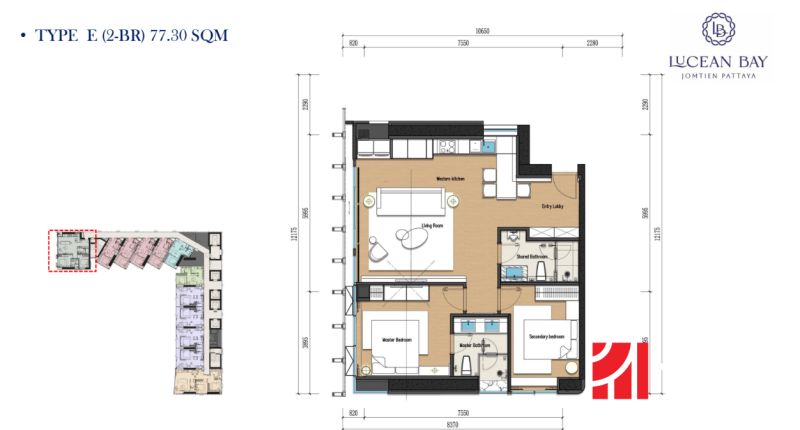Floor plan of a 3-bedroom apartment with two bathrooms and wood-patterned flooring.