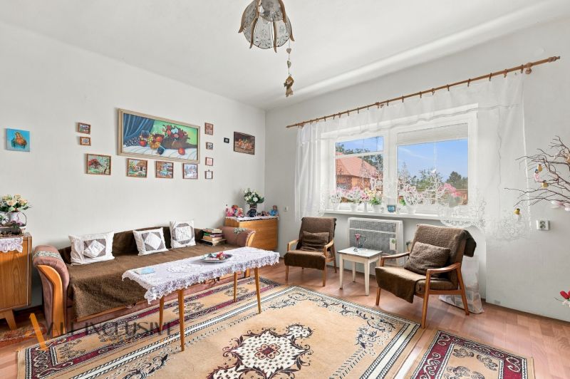 A bright living room with a sofa, armchairs, a table, and rugs in a family house.