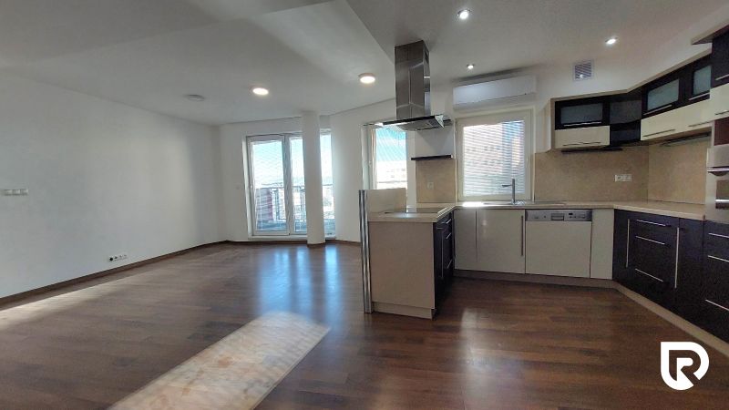 Kitchen and living room with wood-patterned flooring in a two-room apartment.