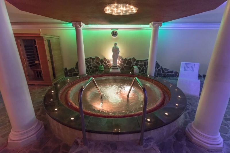 Relaxation room with a hot tub, sauna, and sculpture in the Recreation Apartment.