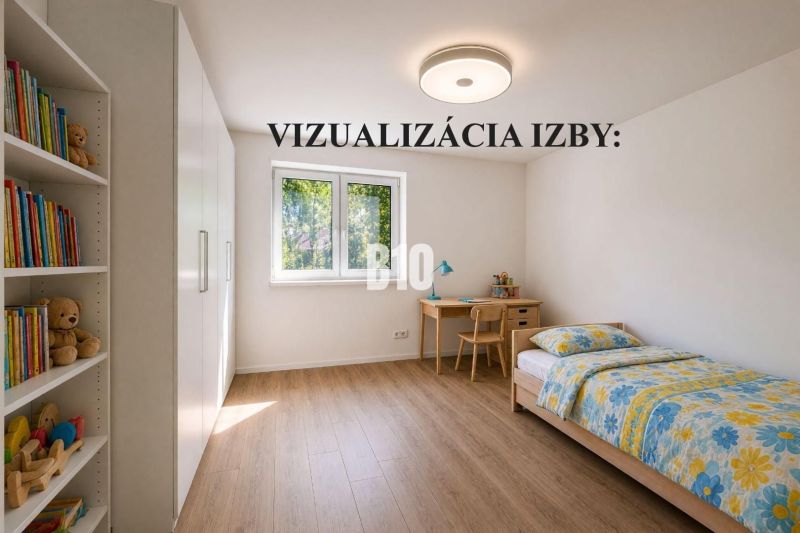 Children's room with a bed, a desk, and a wooden decor floor in a family house.