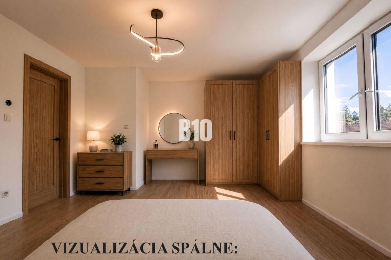 A bedroom in a family house with wooden furniture and a wooden decor floor.