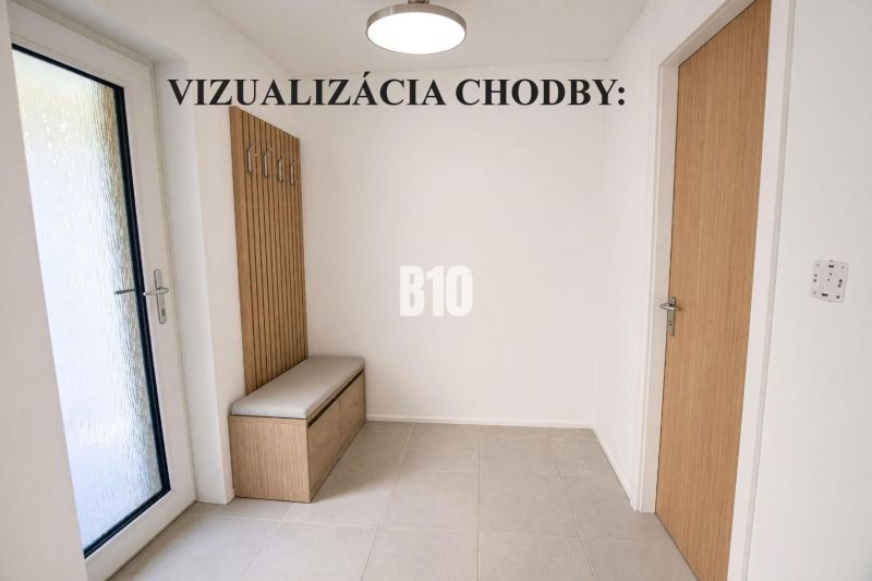 Visualization of a hallway in a family house with wooden decor and white walls.