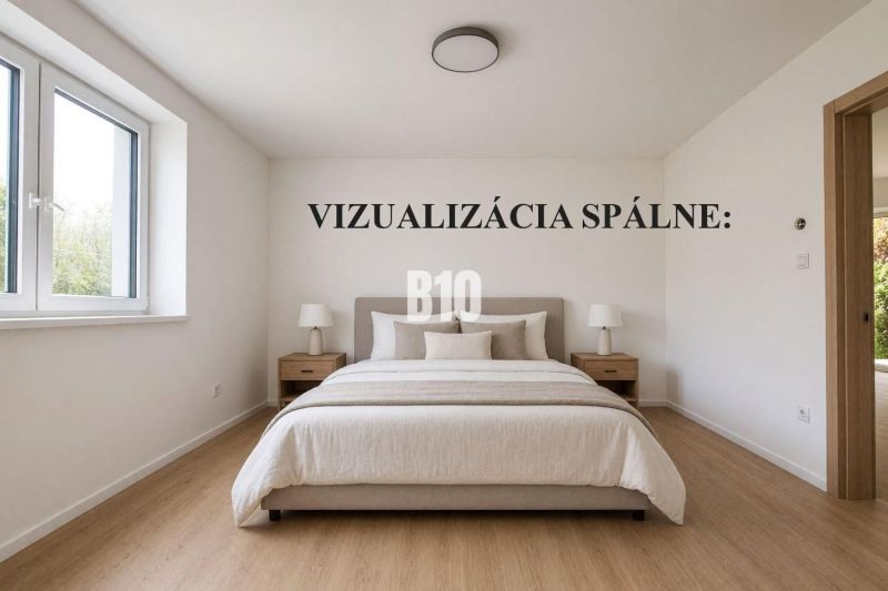 A bright bedroom with a bed and wood-decorated flooring in a family house.