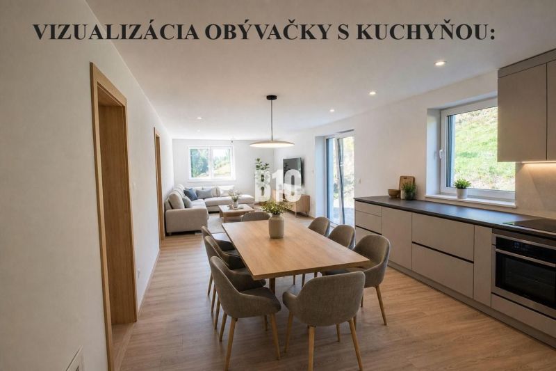 Living room with a kitchen in a family house, with a dining table on a floor with a wooden decor.