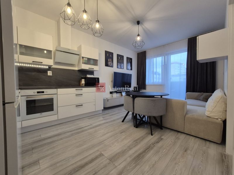Living room in a three-room apartment with a kitchen, sofa, and wooden decor flooring.