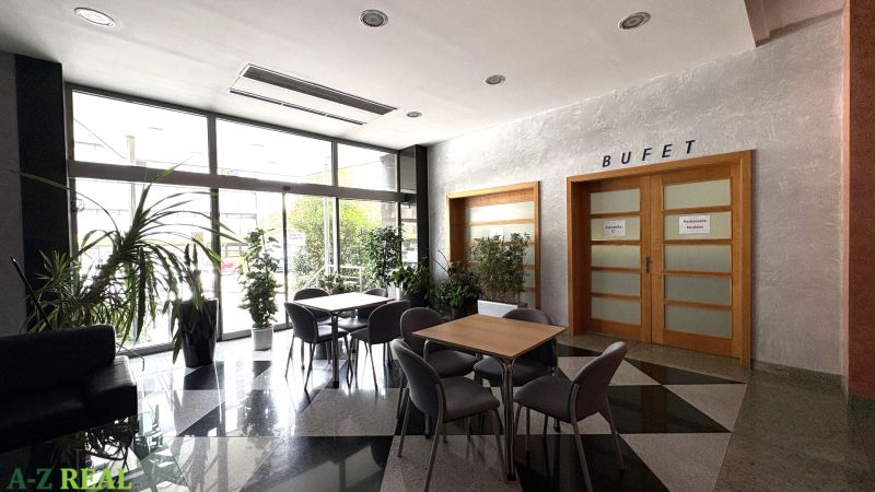 Office interiors with a buffet and glass doors, plants, tables, and chairs.