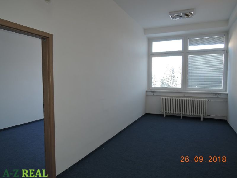 Offices with blue carpet and large windows, suitable for a smaller corporate environment.