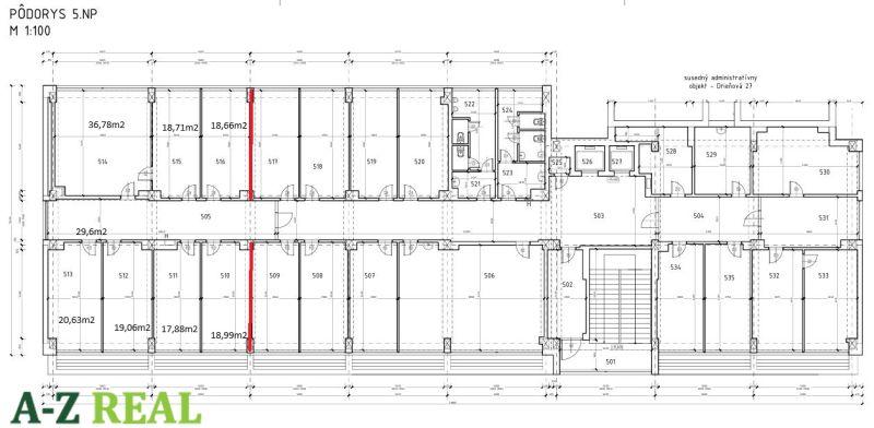 Floor plan of the 5th floor of the administrative building on Drieňová Street, Bratislava - Ružinov.