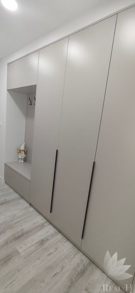 A built-in wardrobe in the hallway with a decorative figurine in a 3-room apartment.