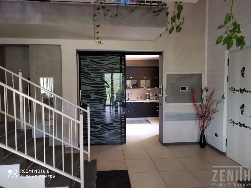 The interior of the villa with decorative doors and a modern kitchen, plants hanging from the railing.