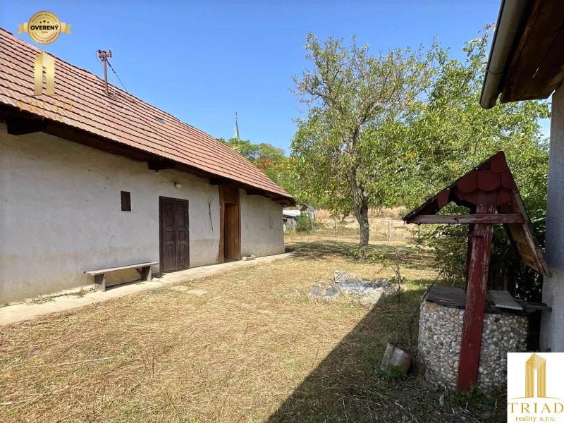 A cottage in Čaka with a grassy yard, trees, and a traditional well.
