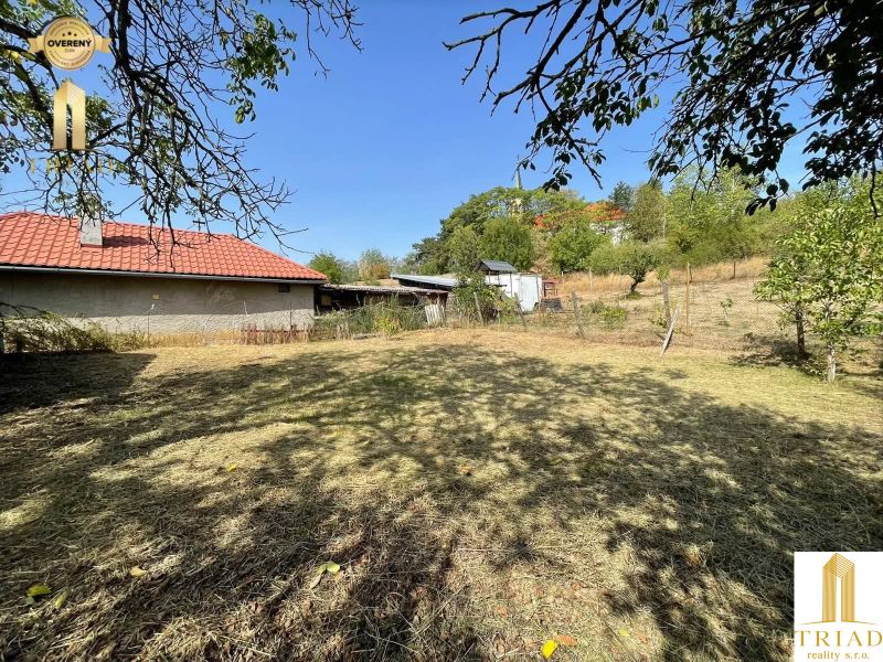 A cottage in Čaka with a red roof, a spacious yard, and surrounding greenery.