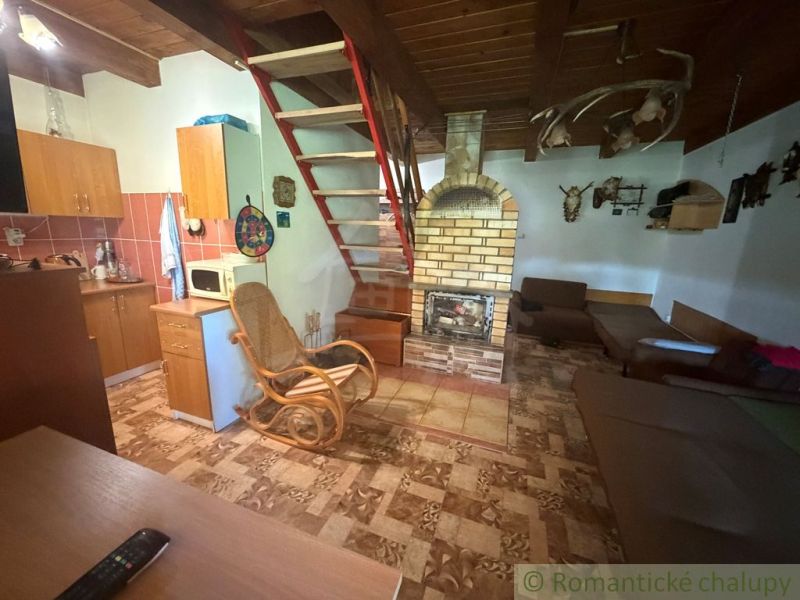 Interior of a cabin with a fireplace, wooden-style flooring, and a kitchen unit.