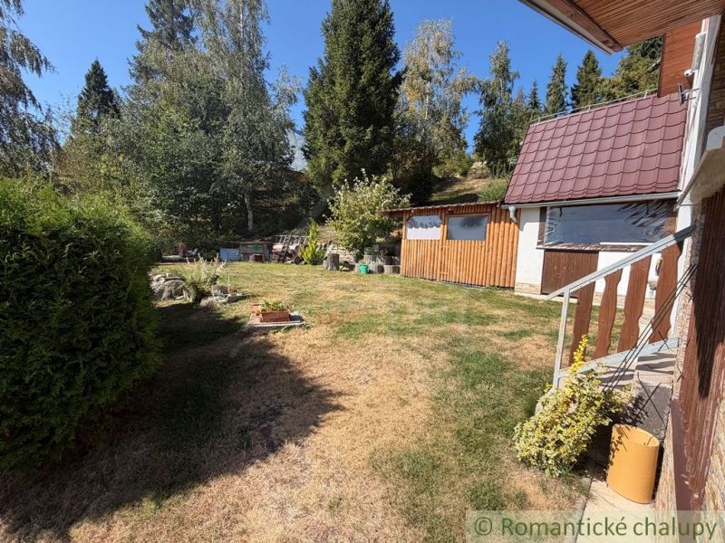 A garden at the cottage in Látky with a lawn, trees, and a view of the forest.