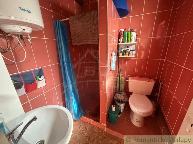 A bathroom in a cabin with a toilet and a shower, red tiles.