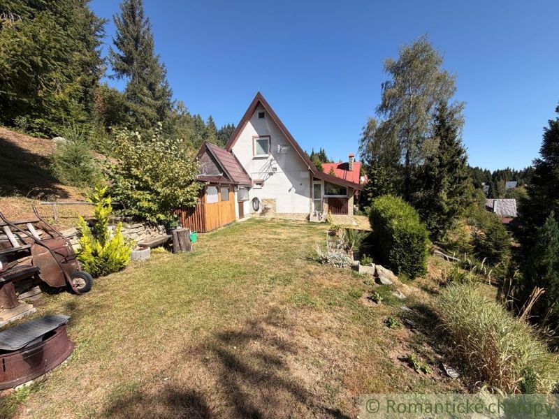 A cottage in Látky surrounded by greenery and trees, a stone courtyard, and a pleasant environment.
