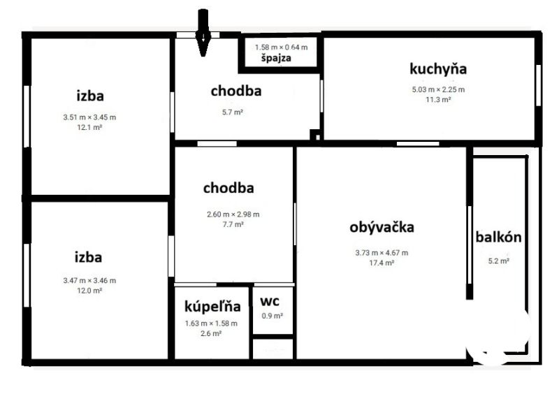 Floor plan of a 3-room apartment with bedrooms, kitchen, living room, and balcony.