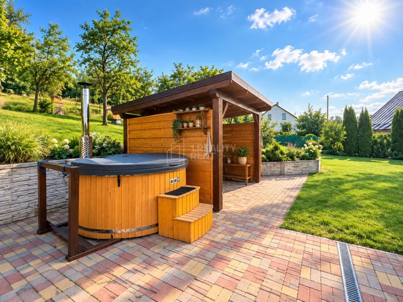 Family house in Košariská in Oščadnica with a wooden hot tub and a terrace in the garden.