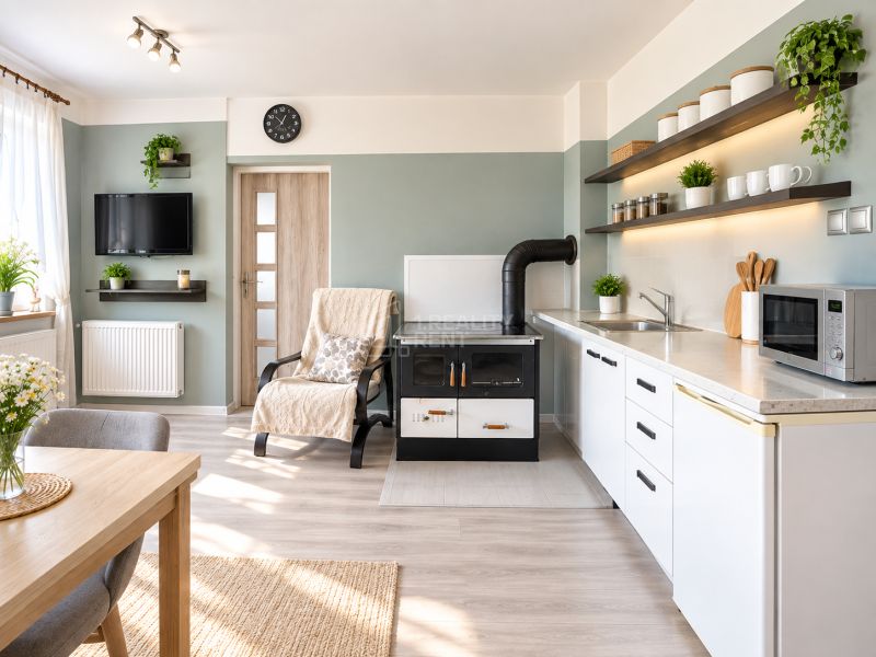 Living room and kitchen in a family house with wood decor and plants.