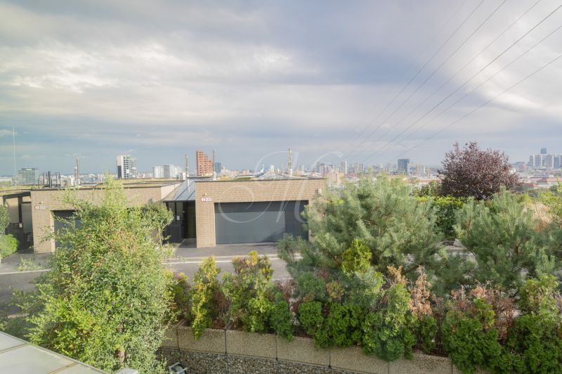 View of the skyline of Bratislava from Frankovská Street with garages and greenery.