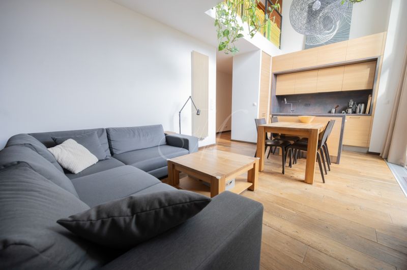 Living room with a gray sofa, kitchenette, and wood-patterned flooring.