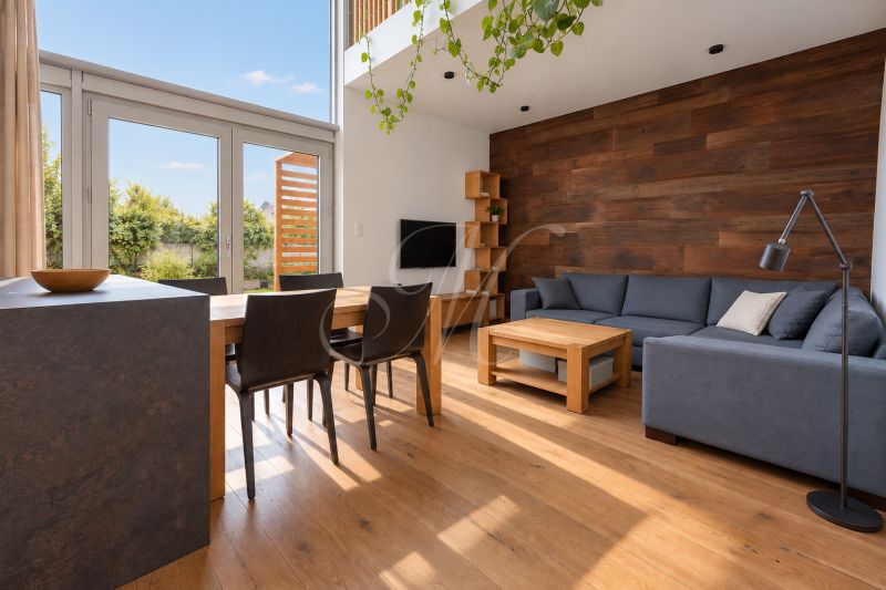 Interior of a 4-room apartment with wood-patterned flooring, a comfortable couch, and a dining table.