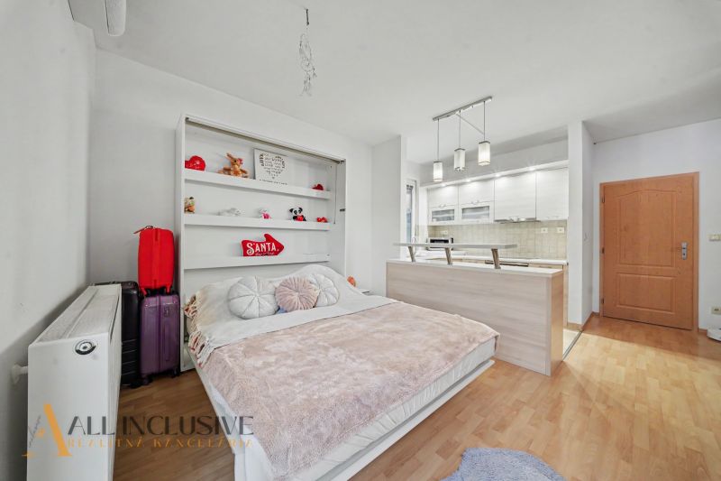 1-room apartment with storage space, bed, and kitchen, floor with wood decor.
