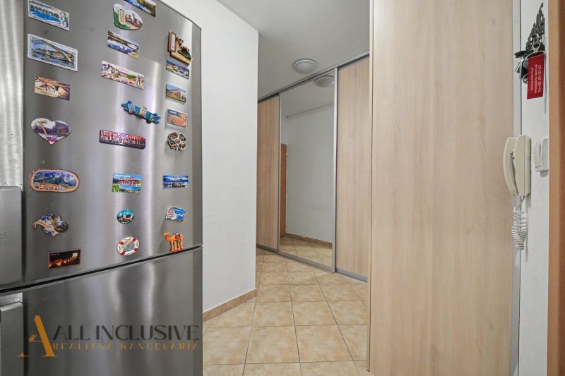 Hallway in a one-room apartment with tiles and a fridge decorated with magnets.