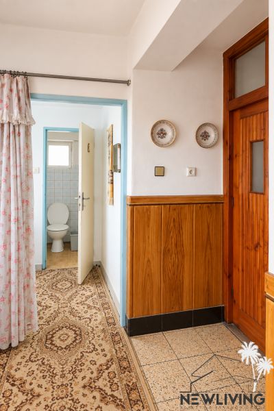 A hallway in a family house with carpet, wood decor, and doors leading to the toilet.