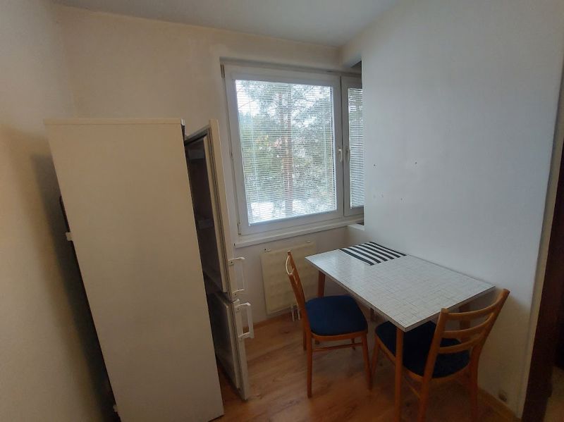 Dining area with a refrigerator and a table with two chairs in a studio apartment.