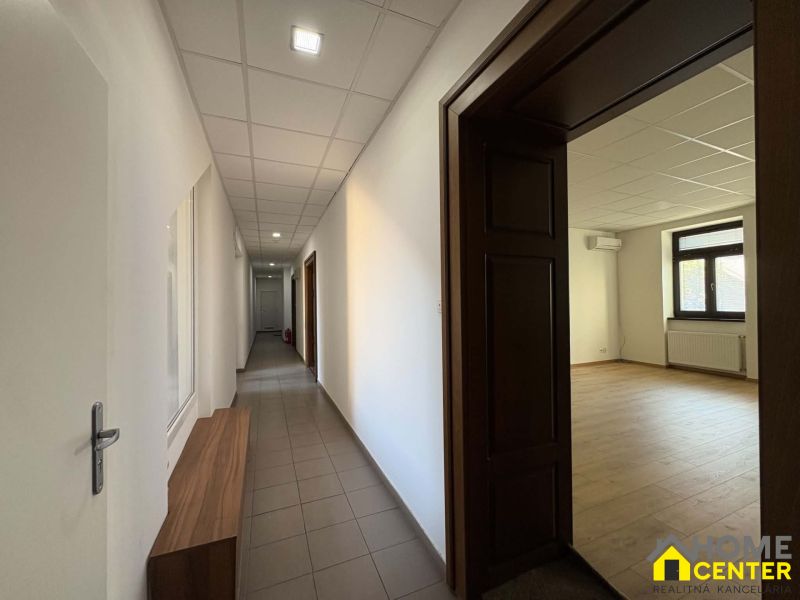 Office interior with wood-patterned flooring and a hallway.