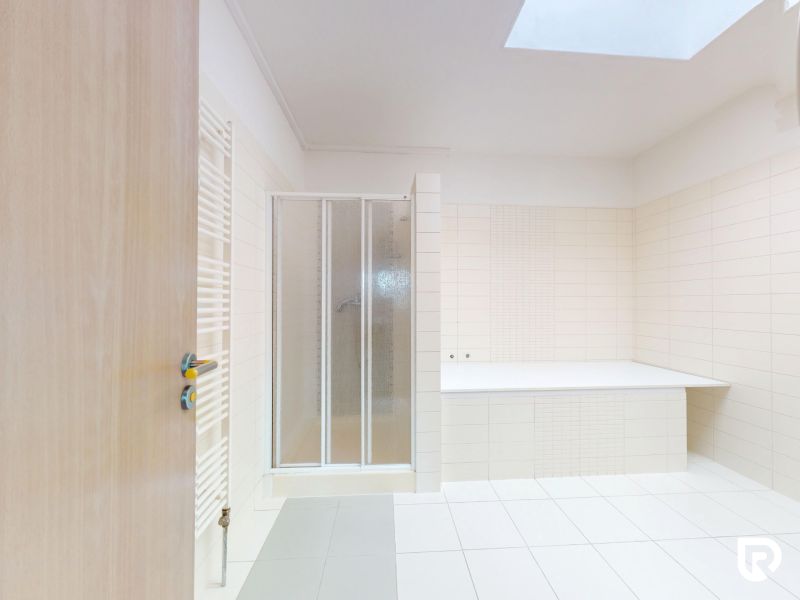 A spacious room with a shower corner and a skylight on the ceiling in the office.