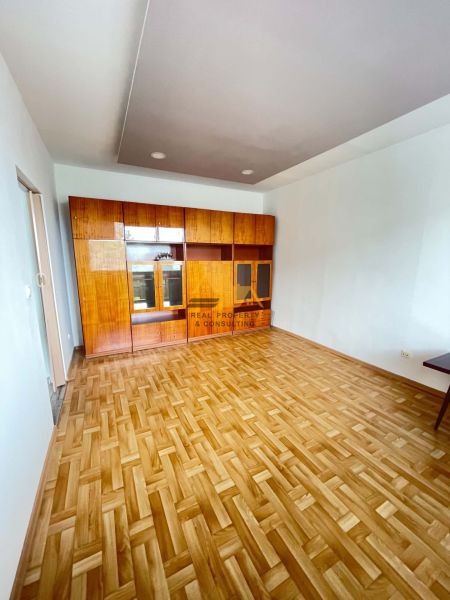 A room with a large wardrobe and a floor with a wooden decor in a studio apartment.